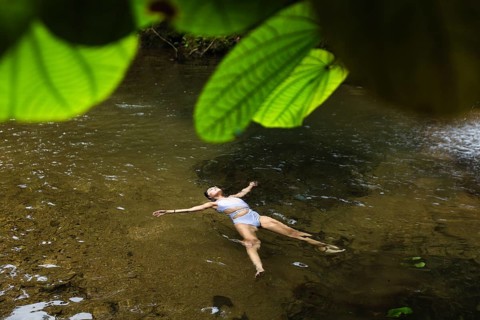 In the biodiverse Choco Andino rainforest of Ecuador, an Ecuadorian woman is captured from above
