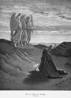 Bible, the three angels with Abraham, Genesis 1, 18, 1, mountain landscape, walking stick, robe,