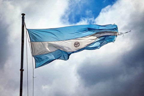 Argentine flag waving in the wind in front of a cloudy sky, The flag of Argentina waving in the