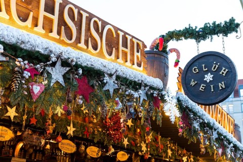 Detailed decoration on the stalls of the Striezelmarkt Christmas market, Dresden, Saxony, Germany