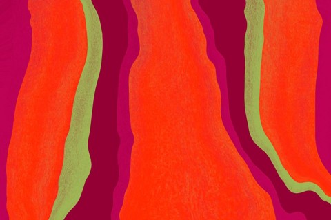 Vibrant abstract background featuring wavy lines in shades of orange and green set against a deep