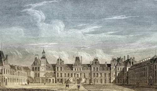 The Royal Château de Fontainebleau, near Paris, antique steel engraved print, 1831