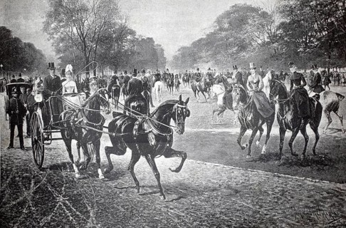 Historic scene on Rotten Row, a famous bridleway on the southern edge of London's Hyde Park. In the