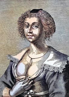 Dutch Dirne in typical traditional costume, prostitute, copperplate engraving, 17th century,