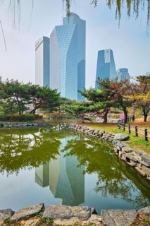 SEOUL, SOUTH KOREA, APRIL 8, 2017: Yeouido Park public park pond with in Seoul, Korea