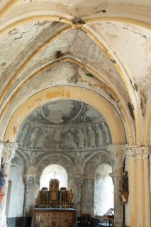 Aubazat. Wall paintings of the Romanesque style in Saint-Barthélemy chapel located in Peyrusse,