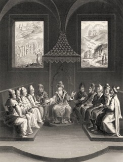 The Pharisees plan to kill Jesus Christ, New Testament, steel engraving 1853, digitally restored