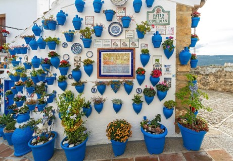 Blue flower pots on whitewashed wall, Patio de las Comedias, Castle of Iznajar, Castillo de