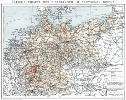 Historical map of German Empire, 1894, state railways and private railways, Historische Landkarte,