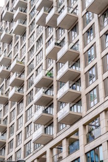 Facades with balconies of high-rise residential buildings, at the Turfmarkt, in the city centre