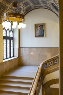 Staircase with painting by Georgius Agricola, interior design of the town hall in Chemnitz, Saxony,