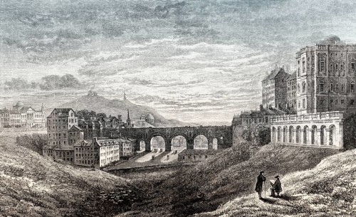 The old North Bridge, from the west, with Calton Hill in the background, in 1829, Edinburgh,