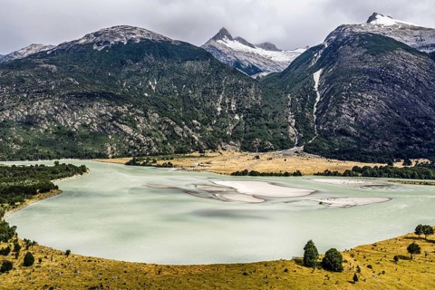 Aerial view over Rio Baker at the Rio Nadis mountain range south of Cochrane, Patagonia, Chile