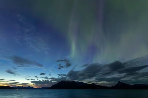 Northern lights at dawn over Sørfolda Fjord near Kjerringøy between Bodø and Sørfold in Norway