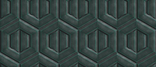 A detailed 3D geometric pattern featuring hexagonal stripes, forming a seamless and elaborate