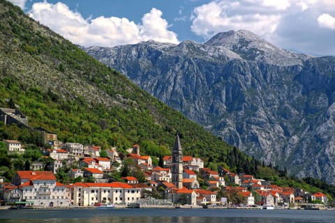 Montenegro, Gospa island, view of Perast, Montenegro