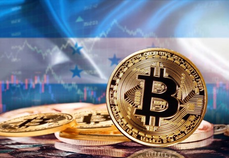 Bitcoin with Honduran flag in the background. Investors in cryptocurrency and Blockchain Technology