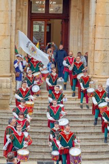 Participants wearing historical costumes on parade, Noto, Noto Valley, Sicily, Italy