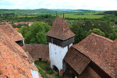 Romania, view from the church tower of the defensive wall and tower of the fortified church of
