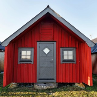Traditional red fishing hut, Sjöbodar, holiday home on the Baltic Sea coast, Bodudden, Löt, Öland
