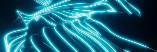 This mesmerizing illustration features dynamic glowing neon lines flowing across a dark background,