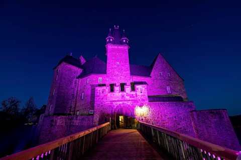 A castle illuminated by a strong violet light at night, Spangenberg Castle