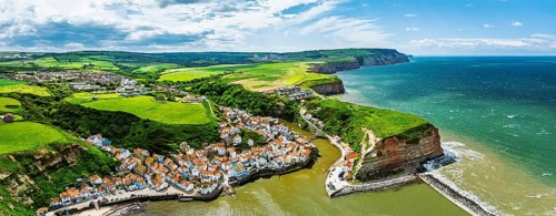 Staithes Village from a drone, North Yorkshire, North York Moors National Park, England, United