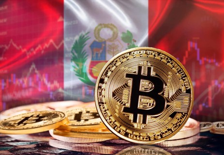 Bitcoin with Peruvian flag in the background. Investors in cryptocurrency and Blockchain Technology