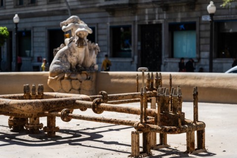Pipes in an empty fountain due to the acute water shortage in Tarragona, Spain