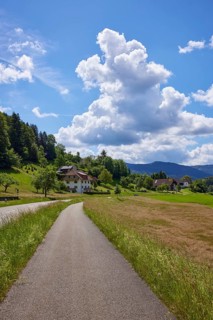 Cycle path, country road and blue sky with cumulus clouds in slight backlight in a landscape near