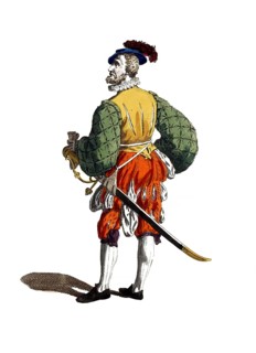 Historical clothing, fashion over time, clothing of a Swiss officer in 1588, digitally restored
