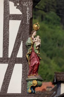 Madonna, figure of the Virgin Mary, half-timbered building in Miltenberg, Lower Franconia, Bavaria,