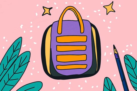 Illustration of a backpack with vibrant colors against a pink background, featuring stars and