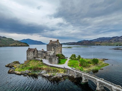 Eilean Donan Castle and Loch Duich from a drone, Isle of Skye, Highlands, Scotland, England, United
