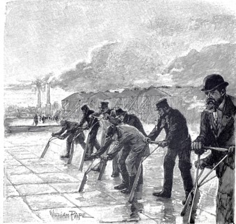 The extraction of natural ice for cooling, the sawing of the ice sheet, around 1890, Germany,