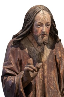 Head of Christ, detail of the Palmesel, wooden figure from around 1520, on a white background,