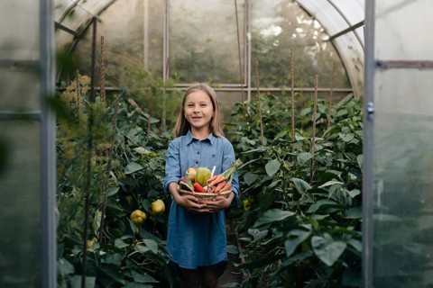 A young girl in a denim dress stands in a greenhouse, holding a basket filled with fresh vegetables