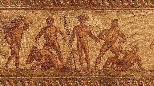 Ancient mosaic with various athletes, Patras Archaeological Museum, Patras, Peloponnese, Greece