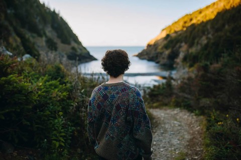 Back view of an unrecognizable woman contemplating the tranquil coastal scenery in Shoe Cove Beach,
