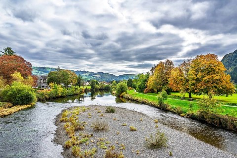 Autumn colors over Llanrwst, River Conwy, Conwy County Borough, Wales, UK