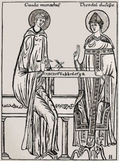 Guido of Arezzo showing Bishop Tedald the monochord, an ancient instrument with a single string,