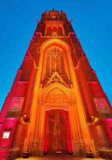Kevelaer in the light, light installation church tower of St. Mary's Basilica in the evening,