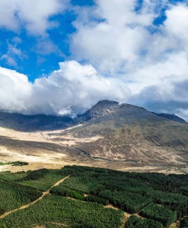 Fairy Pools and Waterfalls from a drone, Glen Brittle, Black Cuillin, Isle of Skye, Scotland,