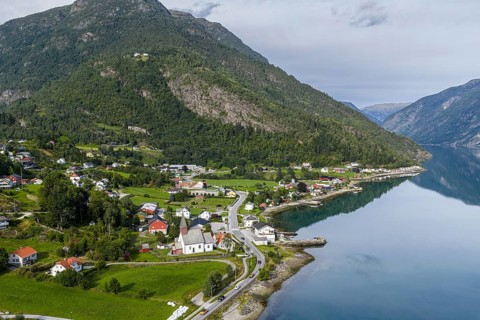 Historical church of Dalen at the Lustrafjord, inner branch of the Sognefjord, Sogn og Fjordane,