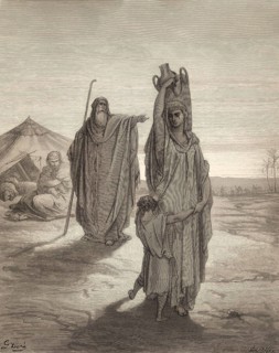 Abraham Sends Hagar and Ishmael Away, Old Testament, woodcut by Gustave Doré