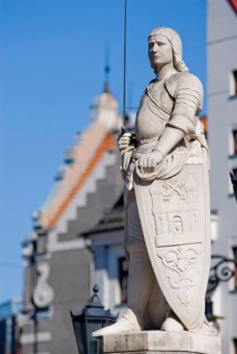 The Rolanddenkmal as a symbol for the free Hanseatic city on the town hall square in Riga, Latvia
