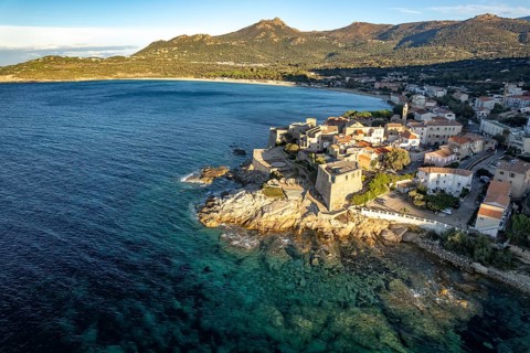 The village of Algajola with the citadel seen from the air, Balagne, Corsica, France