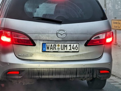 Car with license plate, original license plate, word why, symbolic image, question about reason,