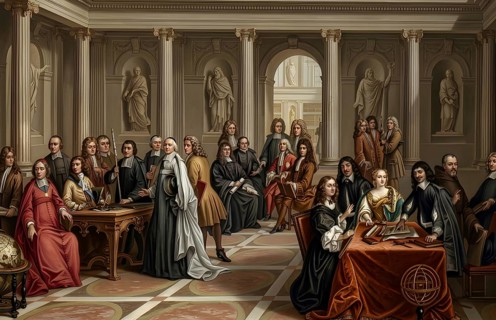 Descartes talking to Queen Christine of Sweden, historical illustration, digitally edited,