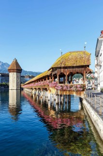 Lucerne city on the river Reuss with Chapel Bridge in Lucerne, Switzerland